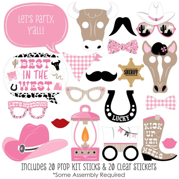 Pink Western Hoedown - 20 Piece Cowgirl Horse Party Photo Booth Props ...