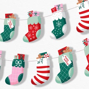 May include: A string of colorful Christmas stockings, each with a unique design and filled with gifts and gingerbread men. The stockings are in various colors, including green, red, and pink, and are decorated with patterns and festive details.