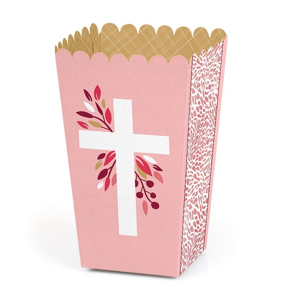 Pink Elegant Cross Girl Religious Party Favor Popcorn Treat Boxes