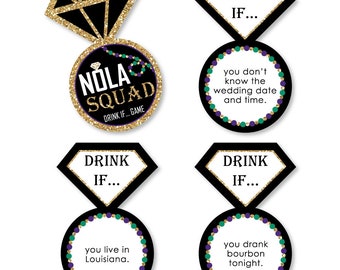 NOLA Bride Squad - Bachelorette Party Game - Drink If... New Orleans - Adult Drinking Game - Black and Gold Ring Shaped Game Cards - 24 Ct.