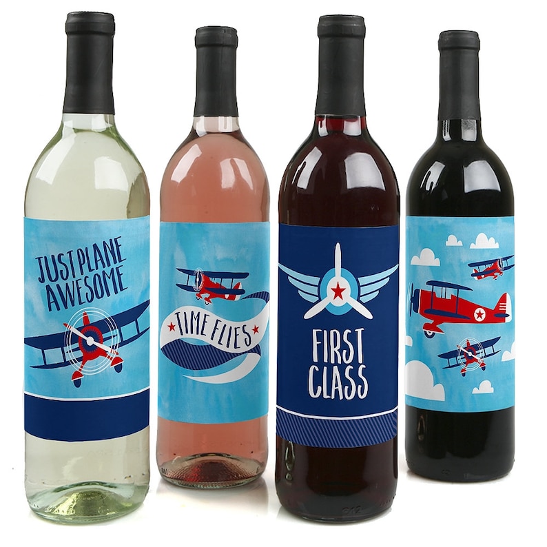 Airplane Vintage Plane Baby Shower or Birthday Party Wine Gifts Set of 4 Sticker Labels Wine Bottle Labels Taking Flight