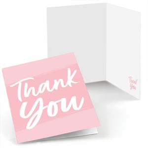 May include: Pink thank you card with white brushstrokes and the text "Thank you" in white script font.