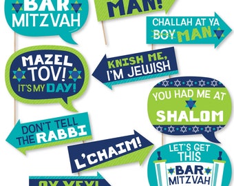 Funny Blue Bar Mitzvah - Boy Party Photo Booth Props Kit - 10 Piece