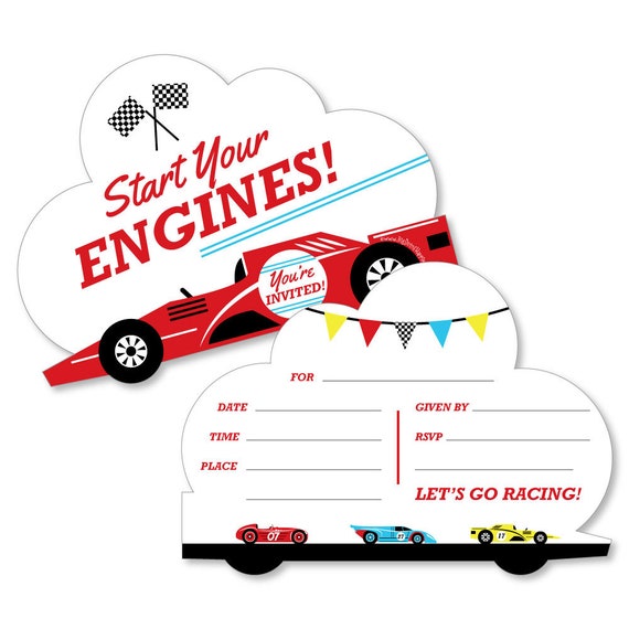 Let's Go Racing - Racecar - Shaped Fill-in Invitations - Race Car Party Shaped Invitation - Racing Party - 12 Shaped Invites w/Envelopes Il_570xn