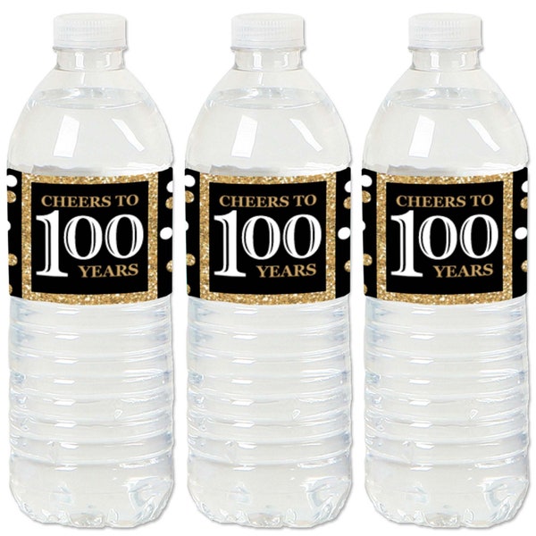 100th Birthday Party - Water Bottle Sticker Labels - Waterproof Self Stick Labels - Adult 100th - Gold Birthday Favors - 20 Ct.