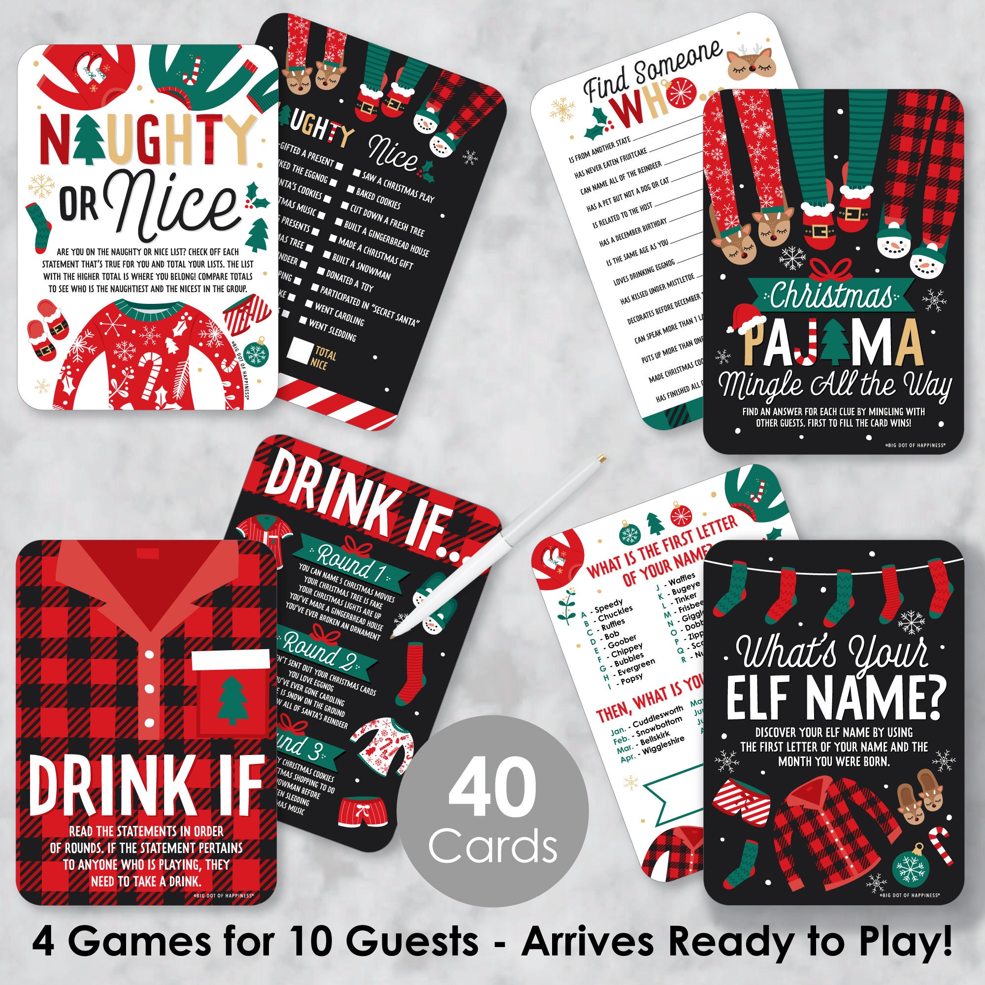Christmas Pajamas - 4 Holiday Plaid PJ Party Games - 10 Cards Each ...