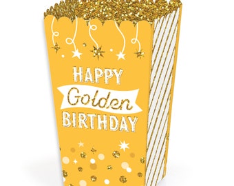 May include: Yellow and gold popcorn box with a glitter design and the text "Happy Golden Birthday".