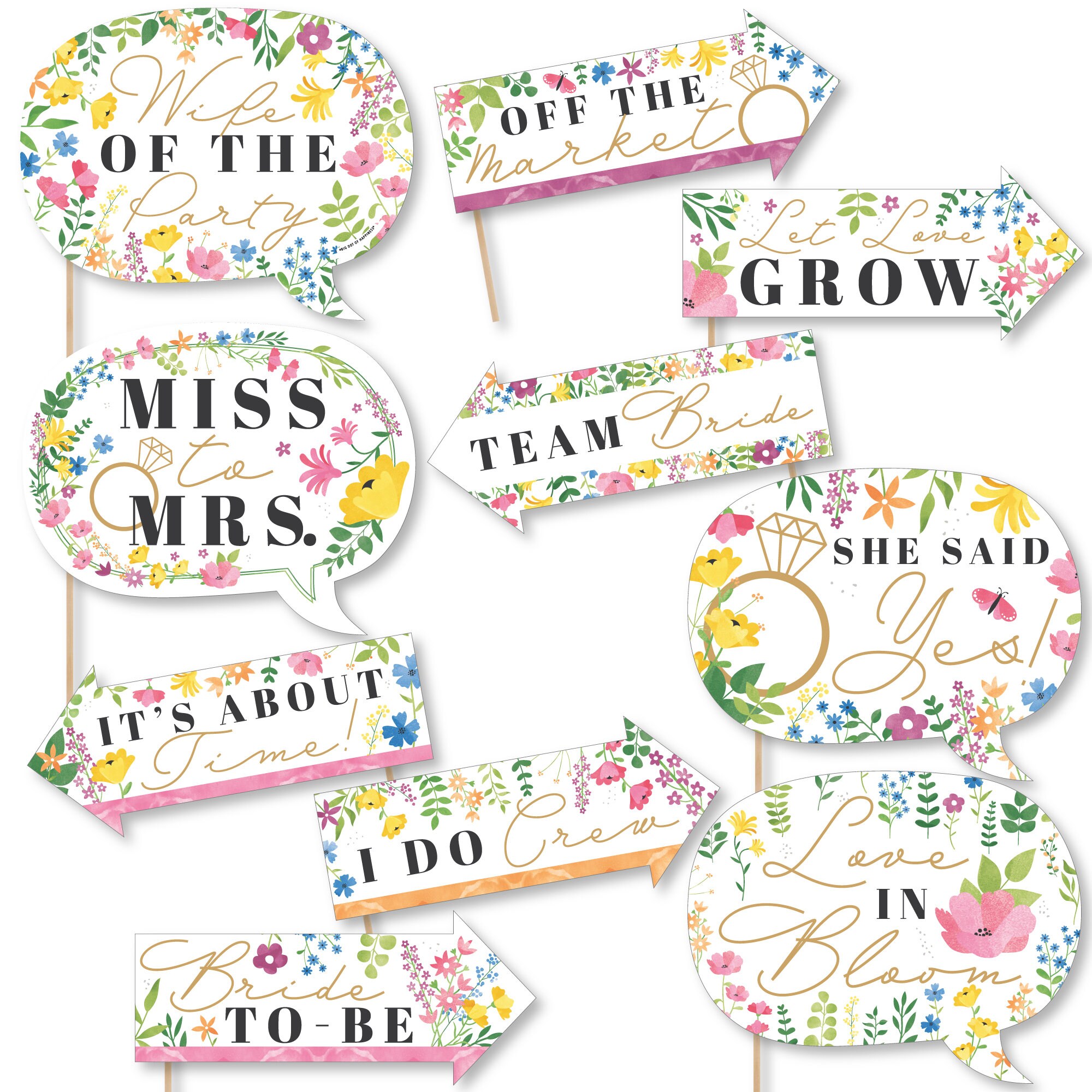 Funny Wildflowers Bride Boho Floral Bridal Shower and Wedding Party Photo Booth Props Kit 10 Piece
