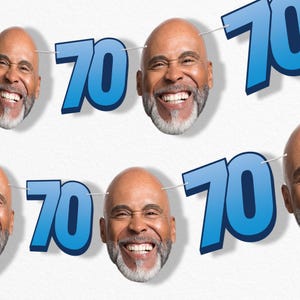 Custom 70th Birthday Face Cut Out Garland Banner, Personalized Adult Birthday Party Decor, 30 Ft of Cord, 5 Face Cutouts 5 Age 70 Shapes Blue