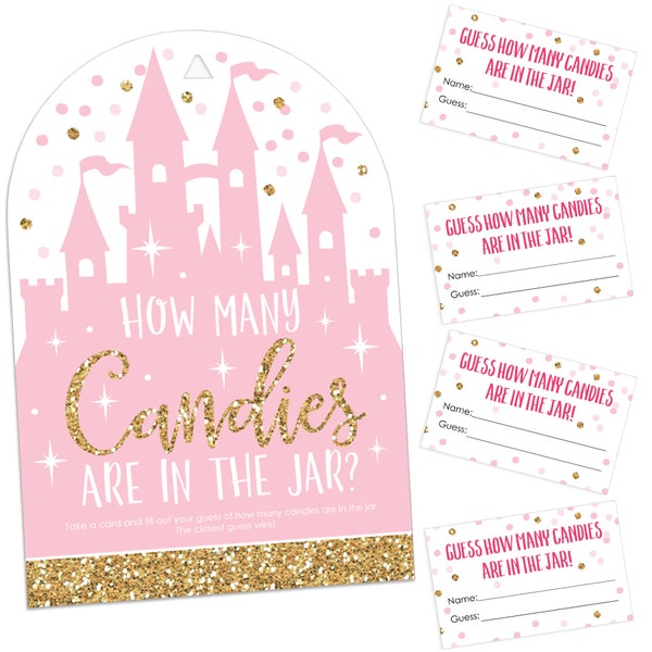 Little Princess Crown - How Many Candies Pink and Gold Princess Baby Shower or Birthday Party Game - 1 Stand - 40 Cards -Candy Guessing Game