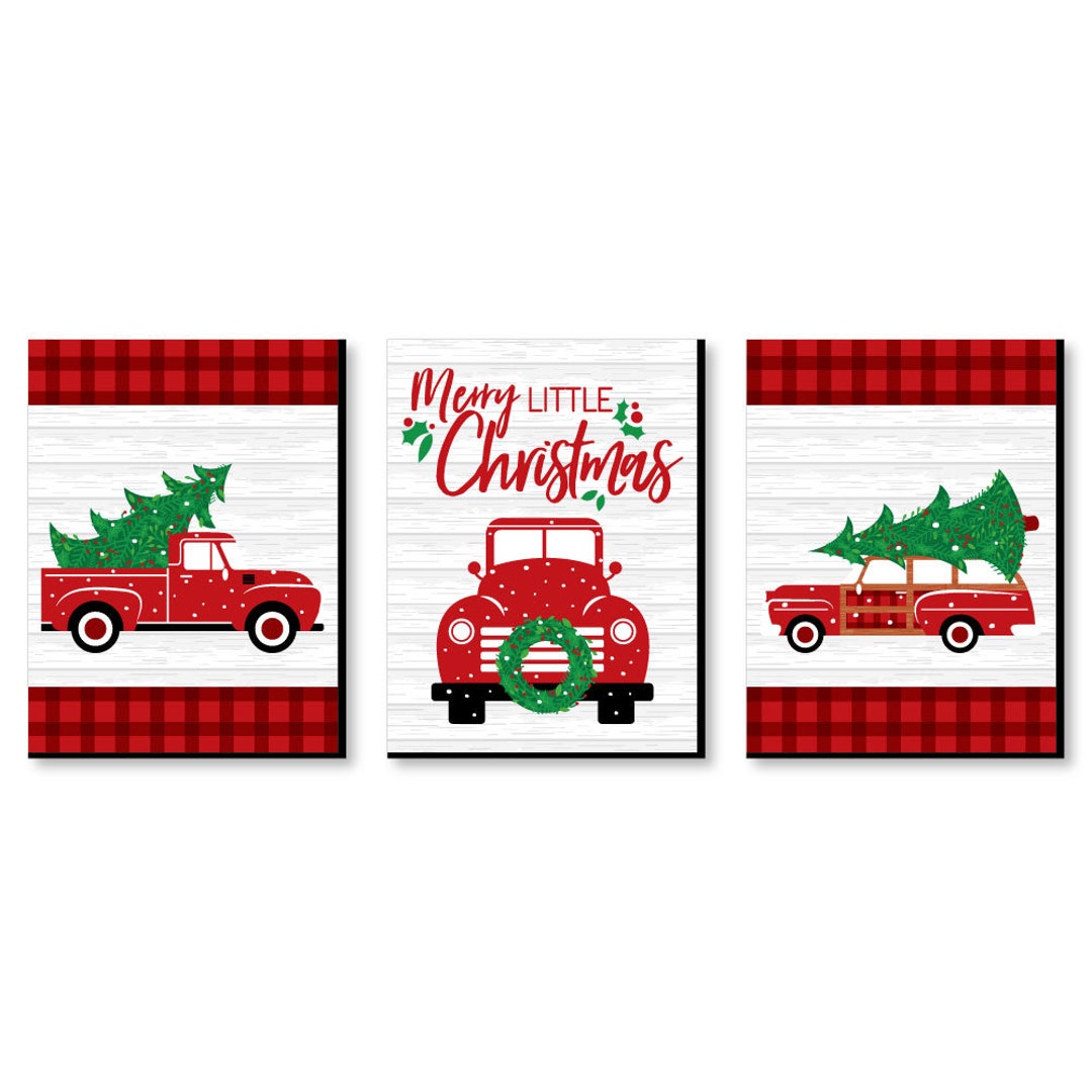 Merry Little Christmas Tree Red Truck and Car Christmas Wall Art and