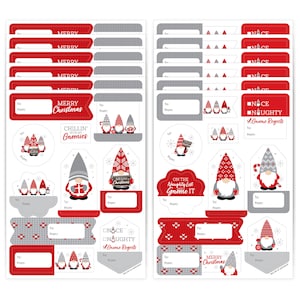 May include: A sheet of red and white Christmas gift tags featuring gnomes. The tags have different designs, including "Merry Christmas", "Chillin' with my Gnomies", "On the Naughty List Gnome It", and "Nice Naughty A Gnome Regrets".