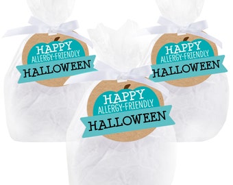 Teal Pumpkin - Halloween Allergy Friendly Trick or Trinket Clear Goodie Favor Bags - Treat Bags With Tags - Set of 12