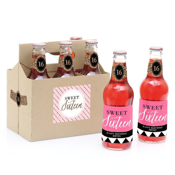 Chic 16th Birthday - Pink, Black, and Gold - Custom Soda Bottle Labels with Carrier Birthday Gift - Sweet 16 - Set of 6 Il_570xn