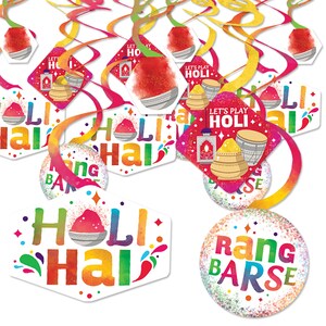May include: A set of colorful Holi party decorations with swirls, cutouts, and text that says "Let's Play Holi", "Holi Hai", and "Rang Barse".