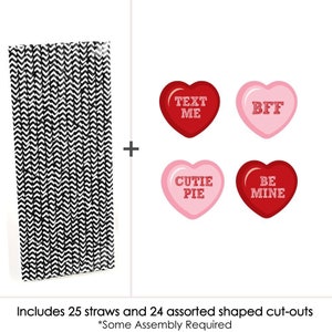 Conversation Hearts Valentine's Day Party Die-Cut Straw Decorations Valentine's Day Paper Cut-Outs & Striped Paper Straws Set of 24 image 3