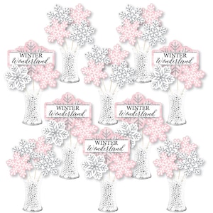 Pink Winter Wonderland - Holiday Snowflake Birthday Party and Baby Shower Centerpiece Sticks - Showstopper Table Toppers - 35 Pieces