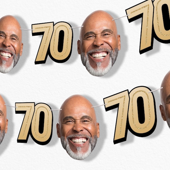 Custom 70th Birthday Face Cut Out Garland Banner, Personalized Adult Birthday Party Decor, 30 Ft of Cord, 5 Face Cutouts 5 Age 70 Shapes