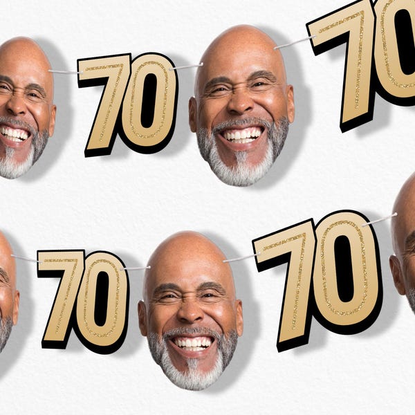 Custom 70th Birthday Face Cut Out Garland Banner, Personalized Adult Birthday Party Decor, 30 Ft of Cord, 5 Face Cutouts 5 Age 70 Shapes