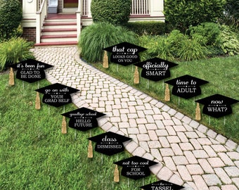 Gold Graduation Party Yard Signs 10 Piece -Tassel Worth The Hassle Grad Cap Shaped Outdoor Graduation Lawn Decorations