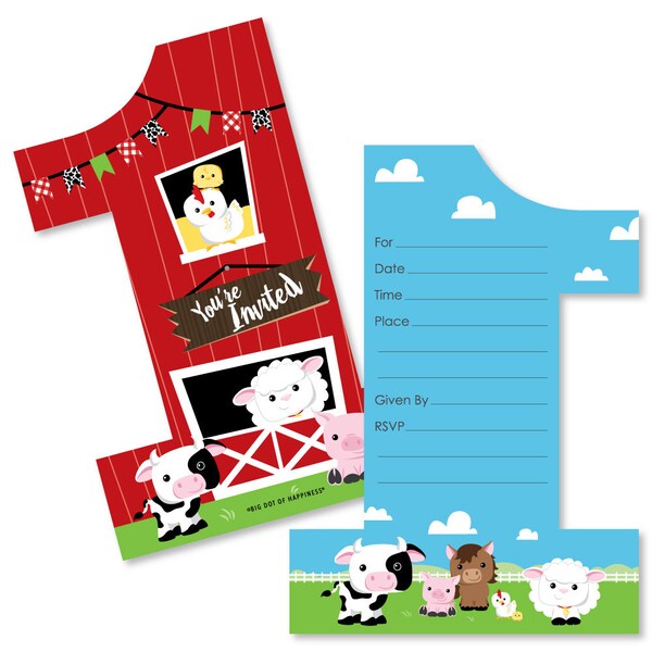 1st Birthday Farm Animals - Shaped Fill-in Invitations -Barnyard First Birthday Party Shaped Invitation - 12 Shaped Invite Cards w/Envelopes