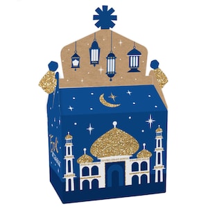 May include: Blue and gold Ramadan favor boxes with a mosque design and the text "Eid Mubarak".