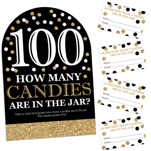 Adult 100th Birthday - Gold - How Many Candies Birthday Party Game - 1 Stand and 40 Cards - Candy Guessing Game