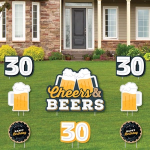 Saludos y cervezas a 30 años - Letrero de patio y decoraciones de césped al aire libre - Letreros de patio de fiesta de cumpleaños número 30 - Juego de 8