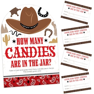 Western Hoedown - How Many Candies Wild West Cowboy Party Game - 1 Stand and 40 Cards - Candy Guessing Game