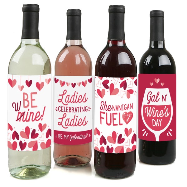Happy Galentine’s Day - Valentine’s Day Party Decorations for Women and Men - Wine Bottle Label Stickers - Set of 4