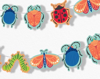 Bug Garland Banner, Bugs Birthday Decor Insects Banner Backdrop, 30 Ft of Cord, 15 Double-Sided Beetles, Caterpillars, Butterflies, Ladybugs