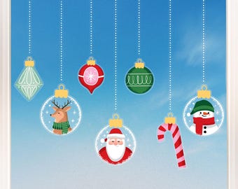 Christmas Ornaments Window Clings, Reusable Winter Holiday Party Window Sticker Decorations, Red & Green Tree Ornament Decals, Static Clings