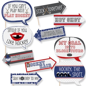 Hockey Photo Booth Props - Hockey Birthday Photo Booth Prop Kit - Hockey Baby Shower - Funny Shoots & Scores! - Hockey Party Props -10 pc
