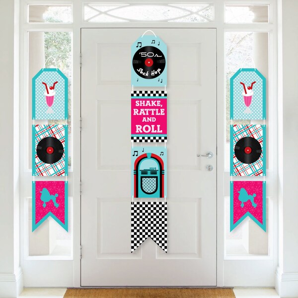 50’s Sock Hop - Hanging Vertical Paper Door Banners - 1950s Rock N Roll Party Wall Decoration Kit - Indoor Door Decor