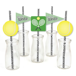 You Got Served - Tennis - Die-Cut Straw Decorations - Baby Shower or Tennis Ball Birthday Party Paper Cut-Outs & Striped Paper Straws -24 Ct
