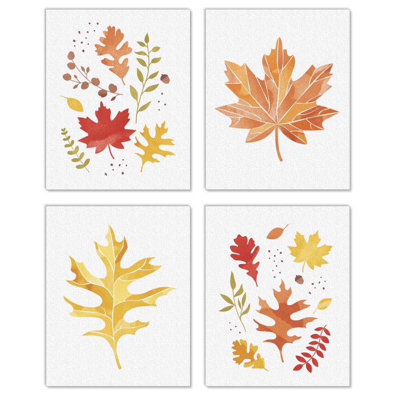 Fall Foliage - Unframed Autumn Leaves Linen Paper Wall Art - Set of 4 ...