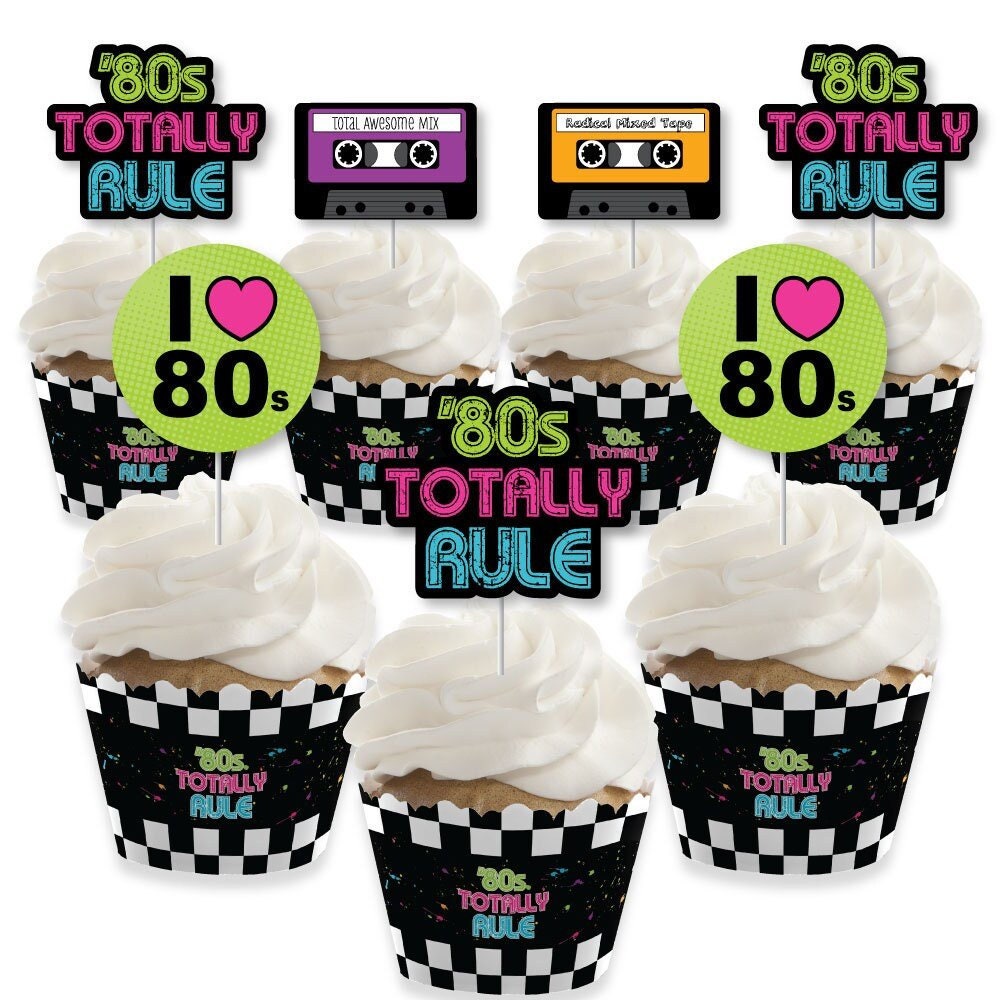 80s Retro 1980s Party Supplies Totally 80s Party Cupcake Wrappers and Treat Picks Kit I Love the 80s Eighties Party Set of 24