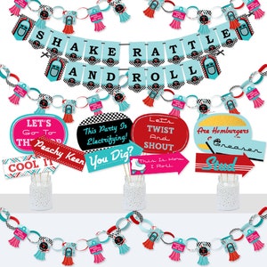 50’s Sock Hop - Banner and Photo Booth Decorations - 1950s Rock N Roll Party Supplies Kit - Doterrific Bundle