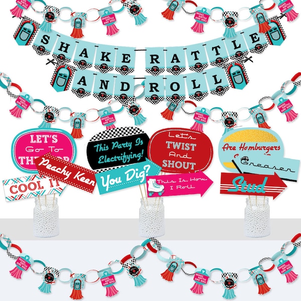 50’s Sock Hop - Banner and Photo Booth Decorations - 1950s Rock N Roll Party Supplies Kit - Doterrific Bundle