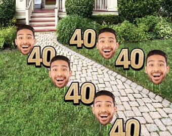 Custom Photo 40th Birthday Outdoor Decor, Personalized Lawn Ornaments, Face Cut-Out & Age 40 Yard Signs with Stakes - Set of 10