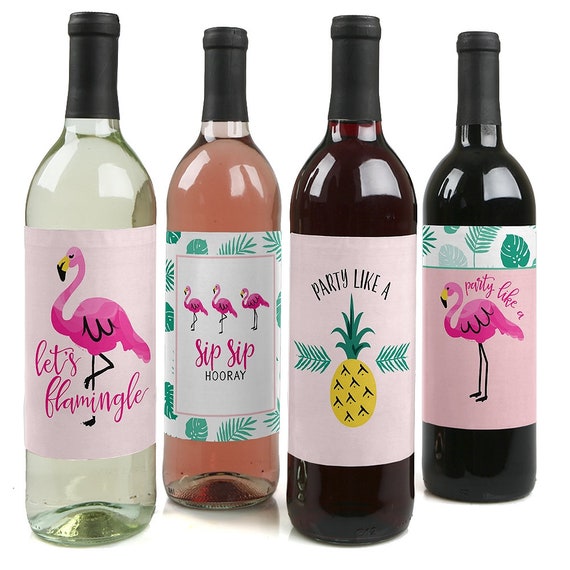 Pink Flamingo Wine Bottle Labels - Tropical Summer Party Wine Labels for Baby Shower, Birthday or Bridal Shower Gift for Women - Set of 4 Il_570xn