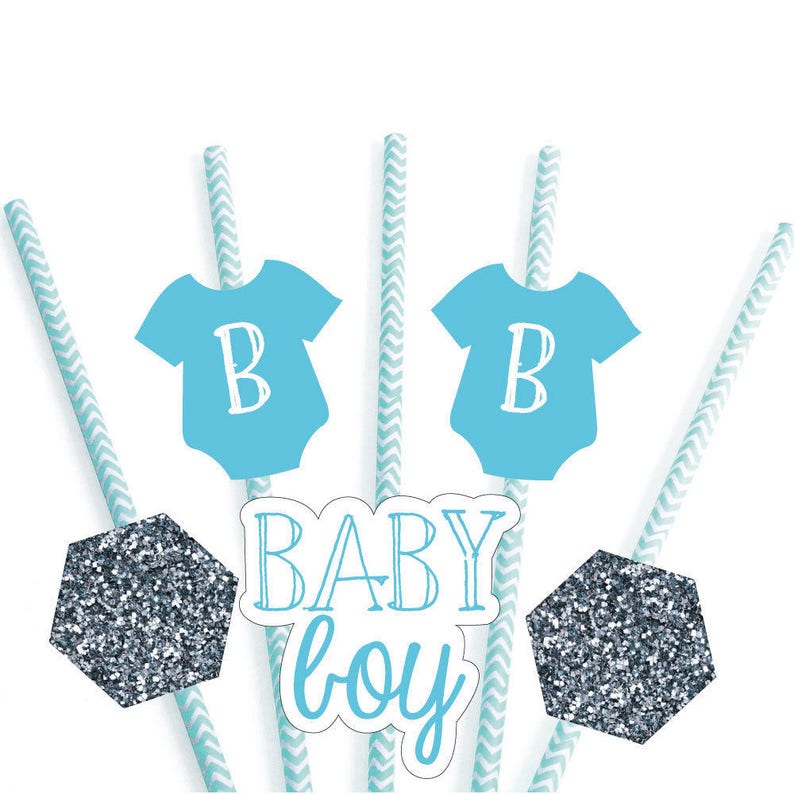 Baby Boy Baby Shower Paper Cut-Outs /& Striped Paper Straws Set of 24 Die-Cut Straw Decorations