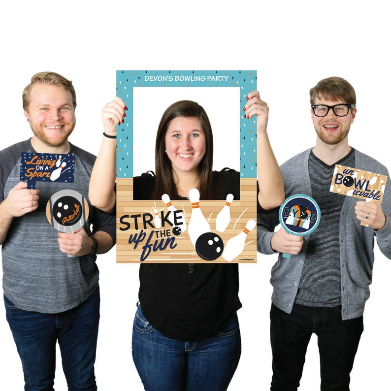 Strike Up the Fun Bowling Birthday Party or Baby Shower Selfie Photo Booth Picture Frame and Props Printed on Sturdy Material
