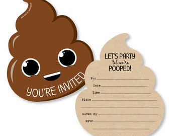 Party ’Til You’re Pooped - Shaped Fill-In Invitations - Poop Emoji Party Invitation Cards with Envelopes - Set of 12