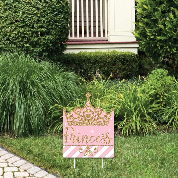 Little Princess Crown - Outdoor Lawn Sign - Pink and Gold Princess Baby Shower or Birthday Party Yard Sign - 1 Piece