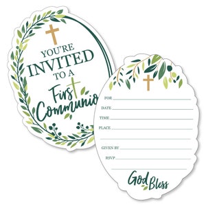 May include: Green and gold first communion invitation with a cross and floral wreath. The text reads "You're Invited to a First Communion". The back of the invitation has space to fill in the details of the event and says "God Bless".
