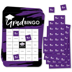 Purple Grad - Best is Yet to Come - Bingo Cards and Markers - Purple Graduation Party Shaped Bingo Game - Set of 18