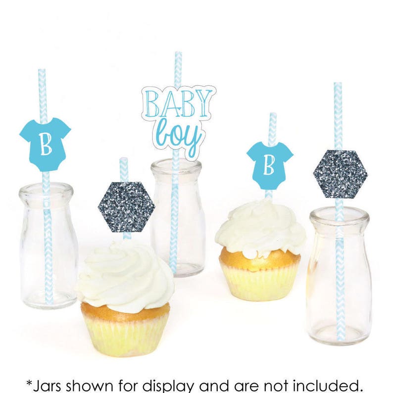 Baby Boy Baby Shower Paper Cut-Outs /& Striped Paper Straws Set of 24 Die-Cut Straw Decorations