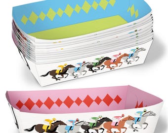 May include: A stack of paper food trays with a horse racing design. The trays have a white base with a line of horses and jockeys. The top of the trays are blue with yellow diamonds, and pink with red diamonds.