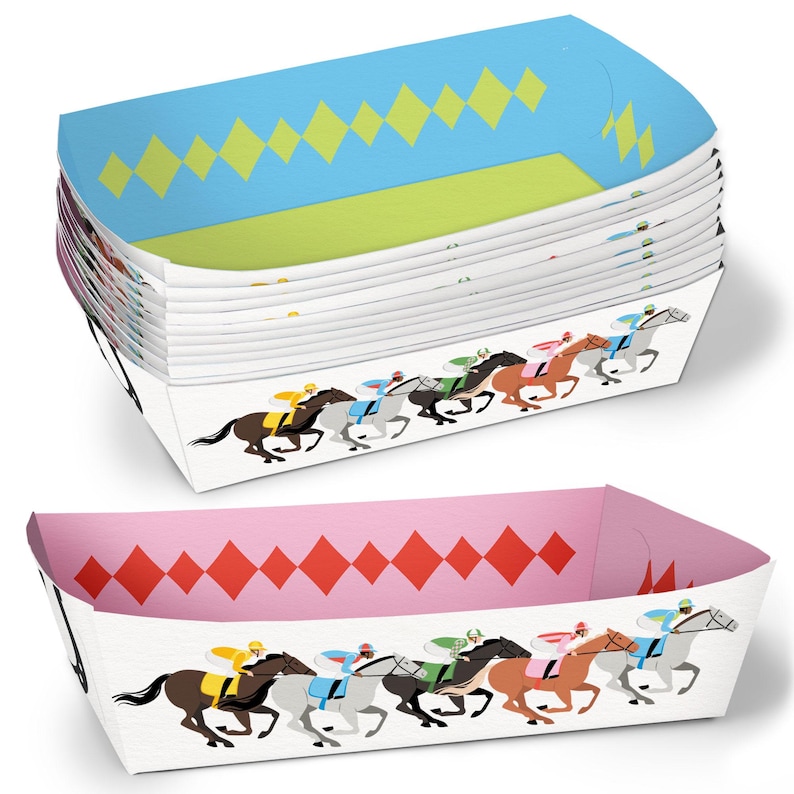 May include: A stack of paper food trays with a horse racing design. The trays have a white base with a line of horses and jockeys. The top of the trays are blue with yellow diamonds, and pink with red diamonds.